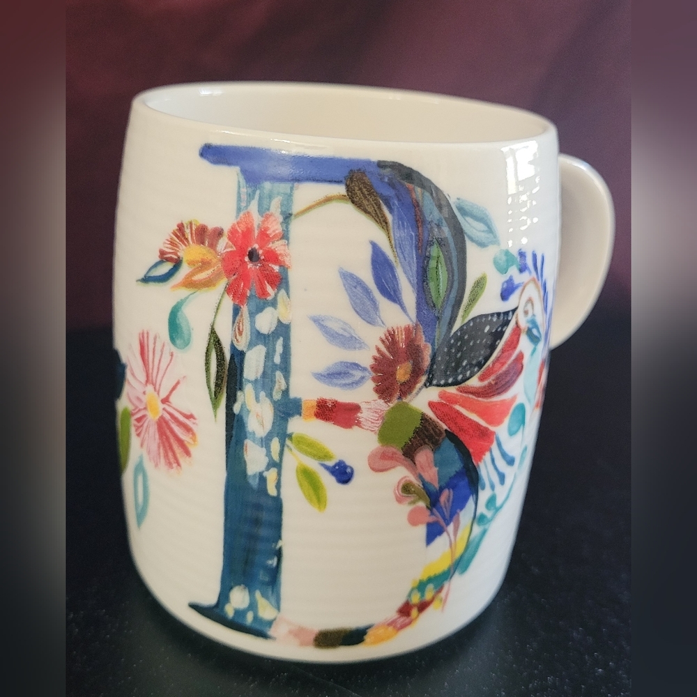 Anthropologie Starla M Halfmann Monogram “B” Coffee Mug Cup Floral Petal Palette